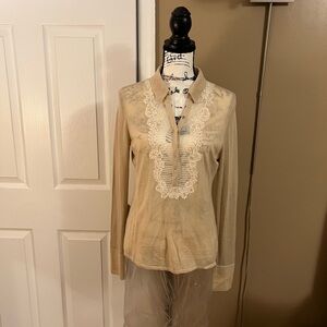 Eli Tahari Snap Button Embroidered Flowers Cashmere Blend Top Beige/Ivory L